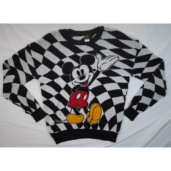 Disney Mickey Mouse Sweater Women's Medium Checkered Black White Ladies Knit - Picture 1 of 6